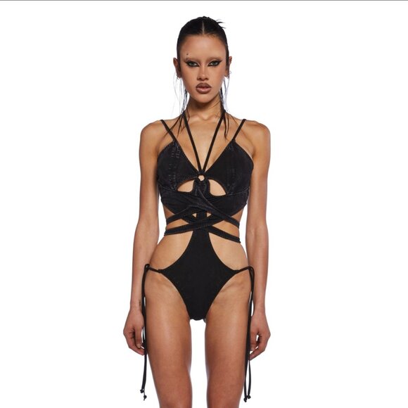 NWT Darker Wavs x Dolls Kill Black Washed Strappy Cutout Detail Bodysuit - Picture 1 of 10